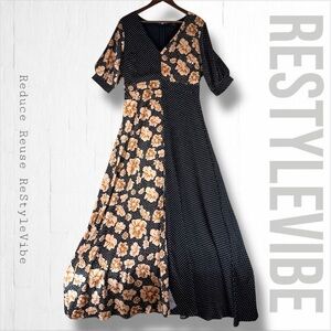 FATE Women’s Size L Dress Maxi Length Lined Front Slit Polka Dot Floral Pattern